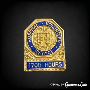Vintage Hospital Volunteer Service Pin Blue Enamel Gold Tone 1700 Hours Award